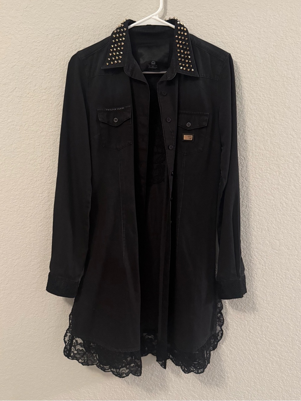 Philipp Plein Black Stud-Trim Long Shirt Dress with Lace Hem